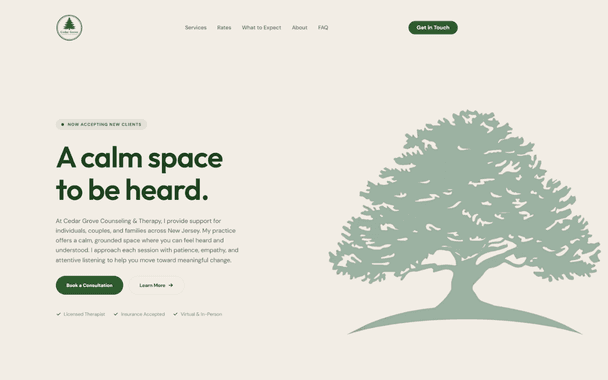 Screenshot of the Cedar Grove Counseling & Therapy website