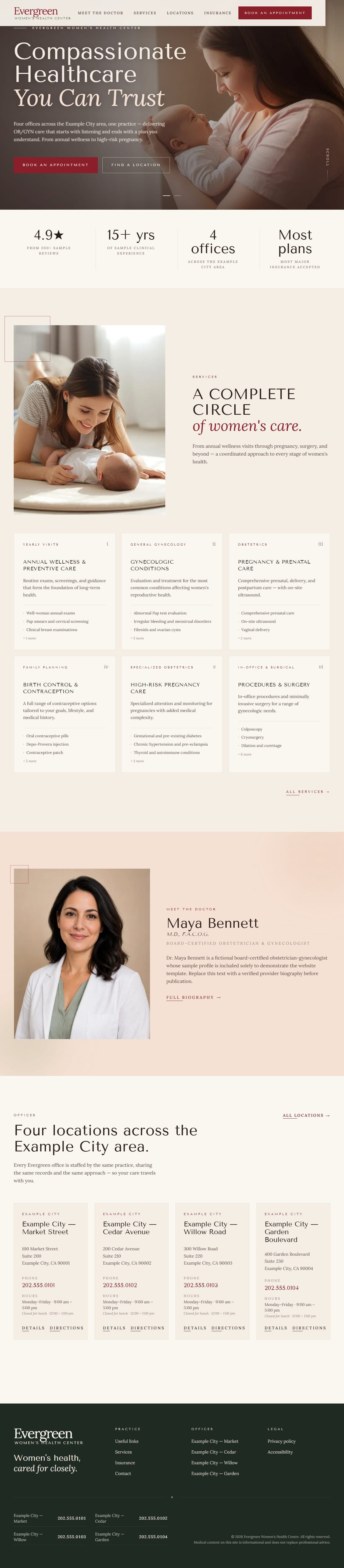 Full-page view of the Evergreen Women's Health Center template